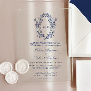 Blue Chinoiserie Crest Monogram Wedding Acrylic Invitations