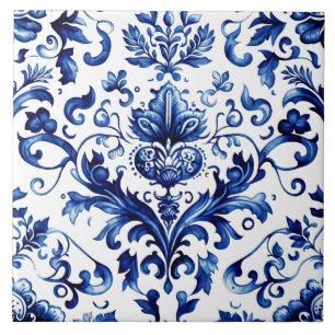 Blue Chinoiserie Damask Baroque ornament Ceramic Tile