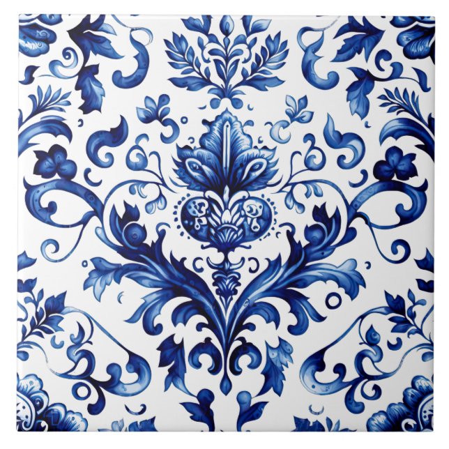 Blue Chinoiserie Damask Baroque ornament  Ceramic Tile (Front)