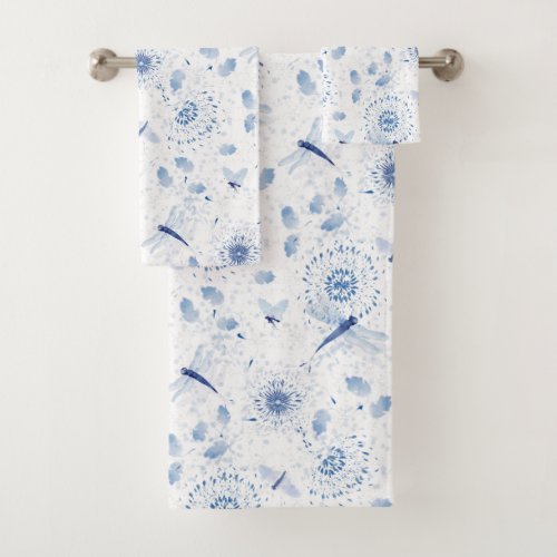 Blue Chinoiserie Dragonfly Floral Bath Towel Set