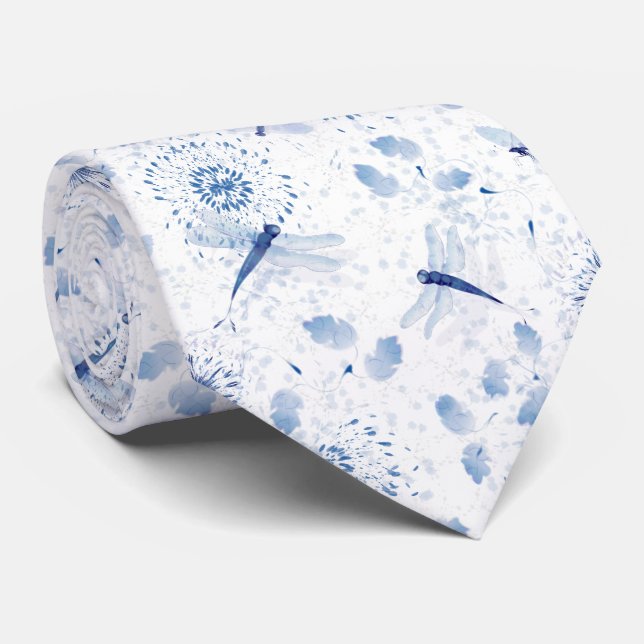 Blue Chinoiserie Dragonfly Floral Neck Tie (Rolled)