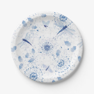 Blue Chinoiserie Dragonfly Floral Paper Plates