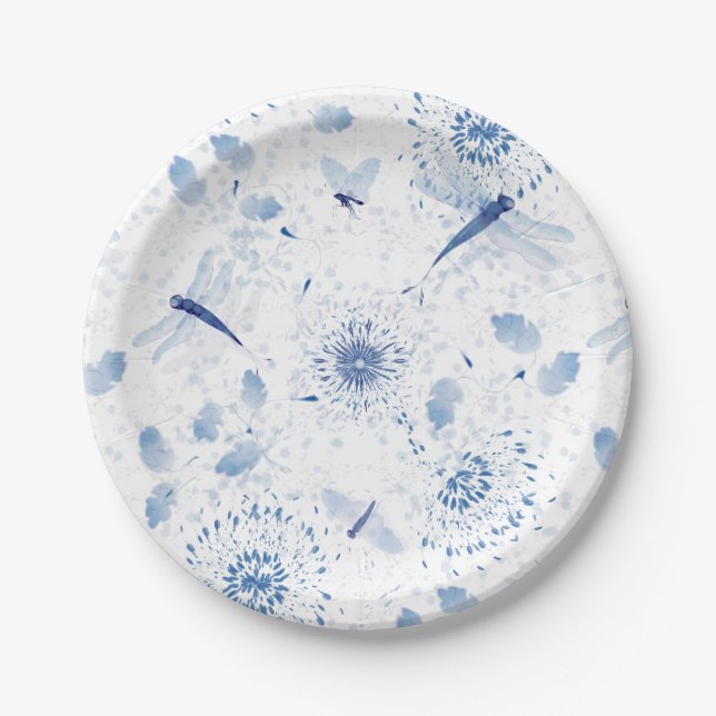 Blue Chinoiserie Dragonfly Floral Paper Plates (Front)