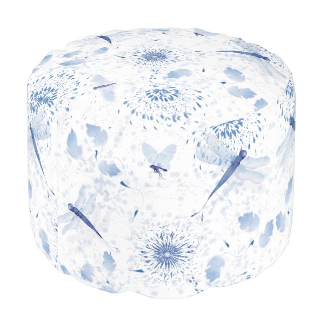 Blue Chinoiserie Dragonfly Floral Pouf (Angled Back)