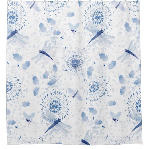 Blue Chinoiserie Dragonfly Floral Shower Curtain