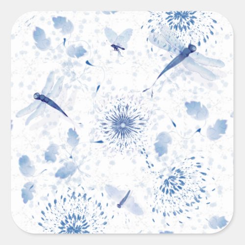 Blue Chinoiserie Dragonfly Floral Square Sticker