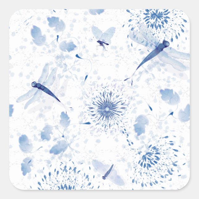 Blue Chinoiserie Dragonfly Floral Square Sticker (Front)