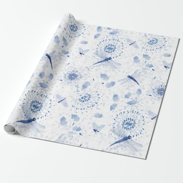 Blue Chinoiserie Dragonfly Floral Wrapping Paper (Unrolled)