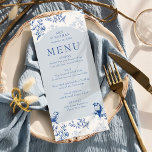 Blue Chinoiserie Elegant Floral Wedding Menu<br><div class="desc">Chinoiserie wedding menu with elegant blue and white vintage botanical design. Delicate and romantic floral, with branches of roses and birds of nature and a color palette in shades of blue inspired by rustic french toile, chic chinoiserie porcelain, delft pottery, the georgian, regency and victorian eras. For co-ordinating invitations, stationery,...</div>