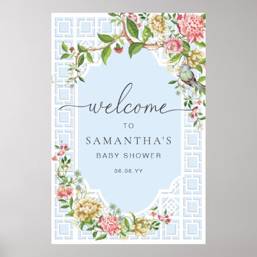 Blue Chinoiserie Floral Baby Shower Welcome Sign