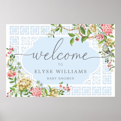 Blue Chinoiserie Floral Baby Shower Welcome Sign
