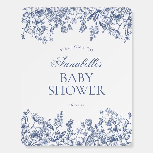 Blue Chinoiserie Floral Baby Shower Welcome Sign (Front)