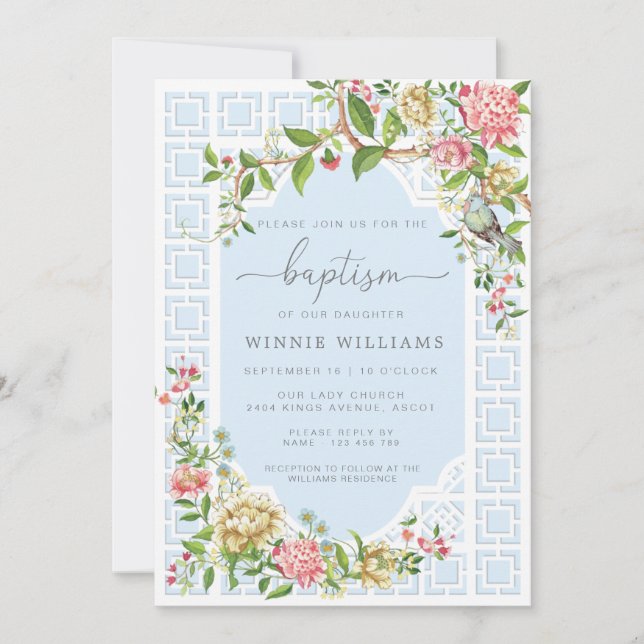 Blue Chinoiserie Floral Baptism Invitation Trianon (Front)