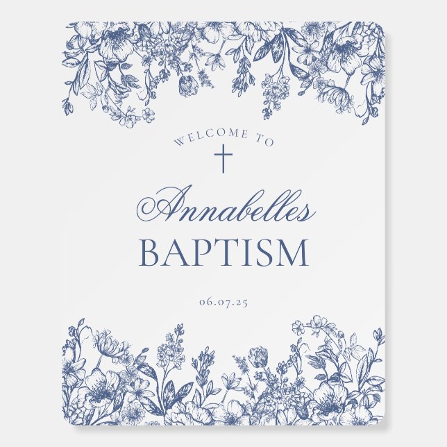 Blue Chinoiserie Floral Baptism Welcome Sign (Front)