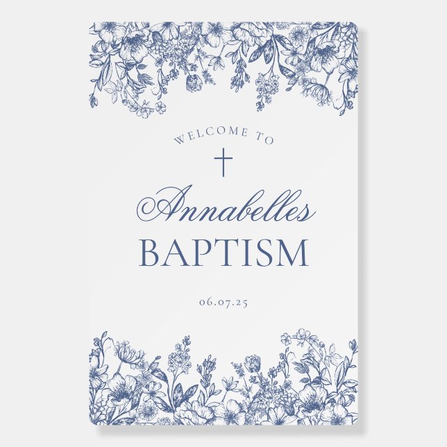 Blue Chinoiserie Floral Baptism Welcome Sign (Front)