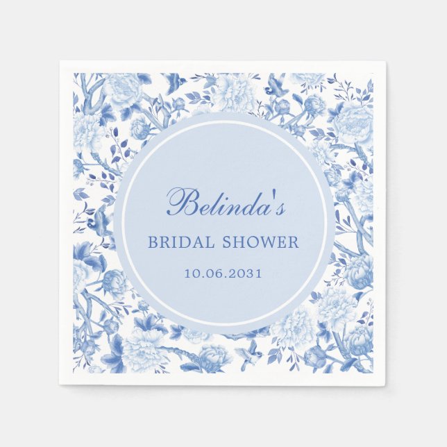 Blue Chinoiserie Floral Birds Bridal Shower Napkins (Front)