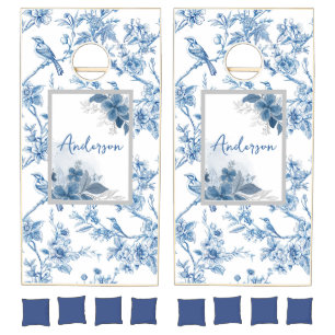 Blue Chinoiserie Floral Birds Cornhole Set