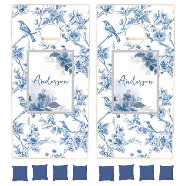 Blue Chinoiserie Floral Birds Cornhole Set (Set)