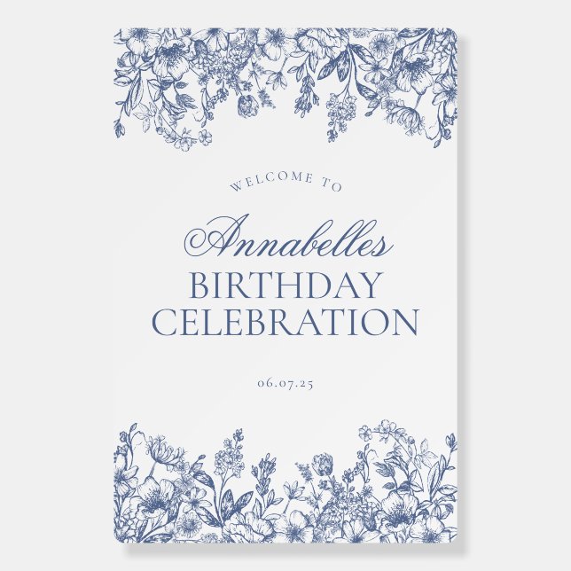 Blue Chinoiserie Floral Birthday Welcome Sign (Front)