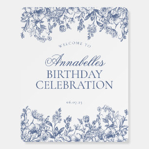 Blue Chinoiserie Floral Birthday Welcome Sign
