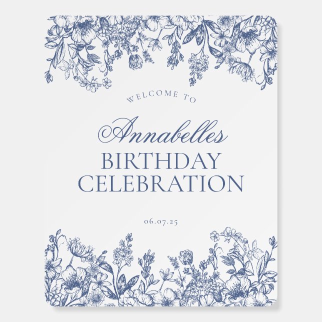 Blue Chinoiserie Floral Birthday Welcome Sign (Front)