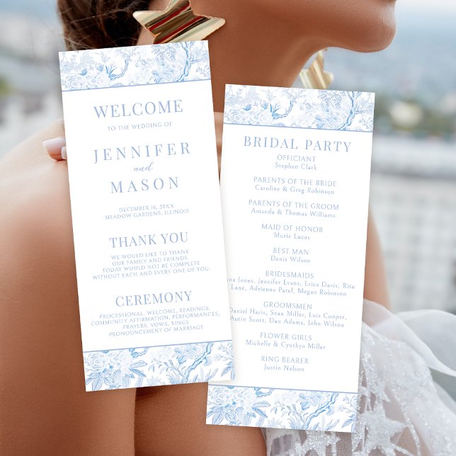 Blue Chinoiserie floral boho wedding program cards (Creator Uploaded)
