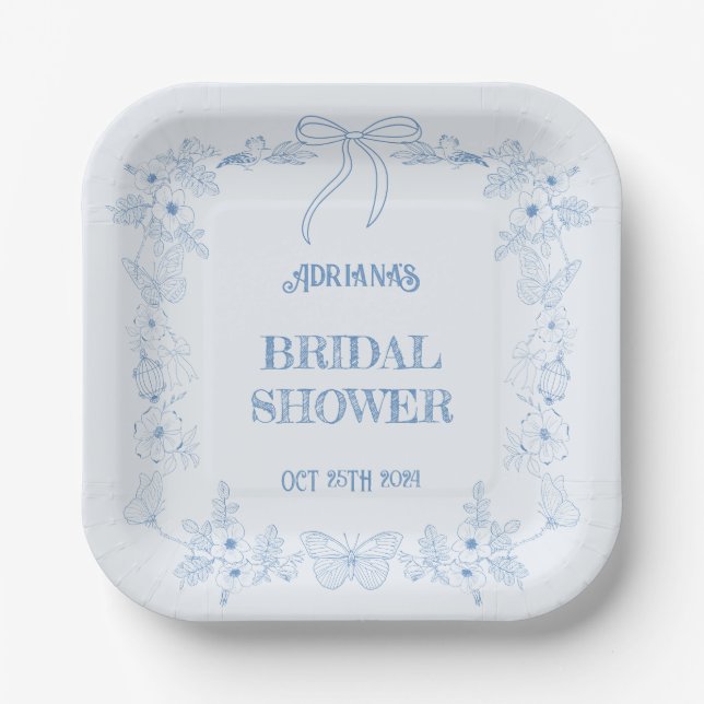 Blue Chinoiserie Floral Bow Bridal Shower  Paper Plates (Front)