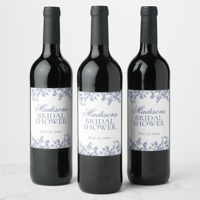Blue Chinoiserie Floral Bridal Shower Favors Wine Label (Bottles)
