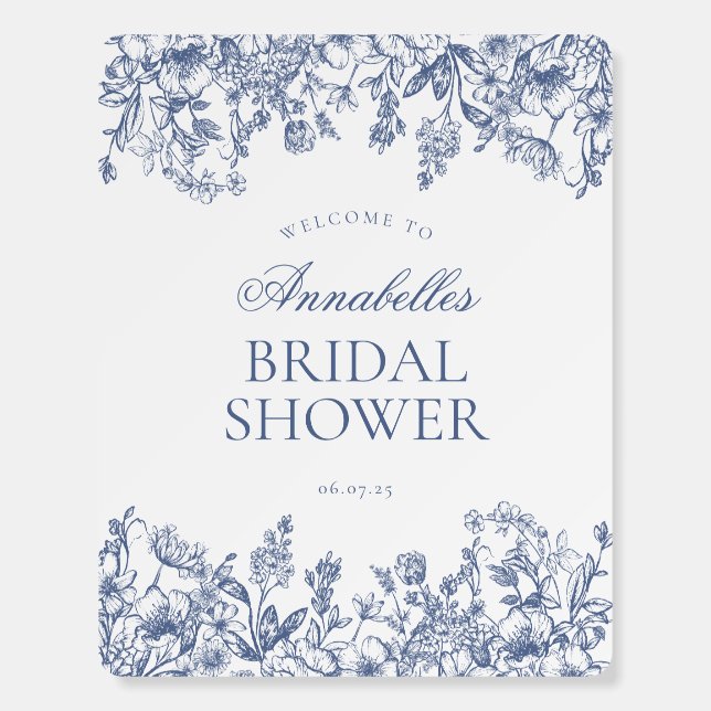 Blue Chinoiserie Floral Bridal Shower Welcome Sign (Front)