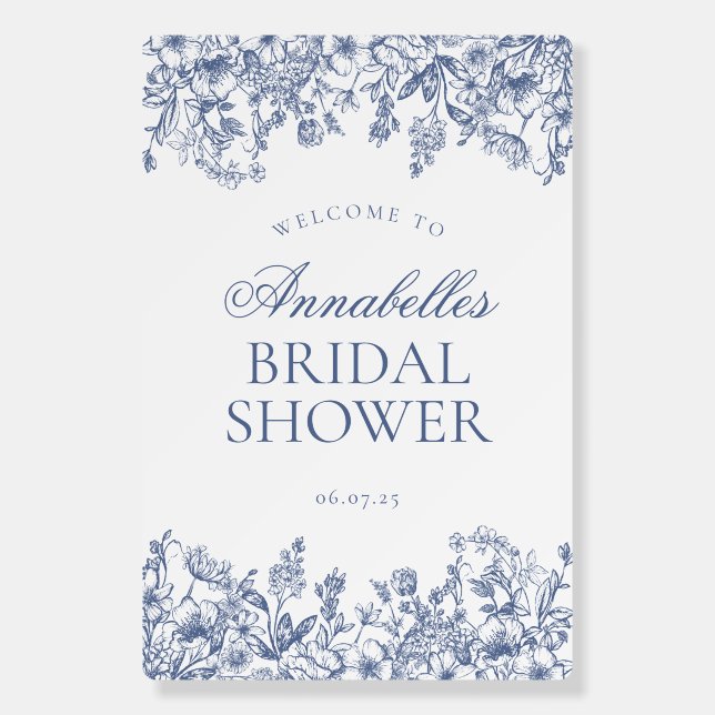 Blue Chinoiserie Floral Bridal Shower Welcome Sign (Front)
