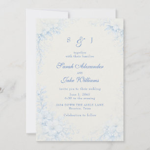 Blue Chinoiserie Floral Cream Wedding Invitation