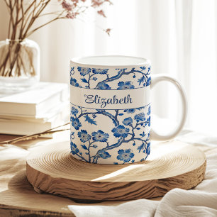 Blue Chinoiserie Floral Custom Name Coffee Mug