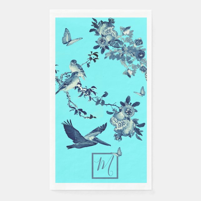 Blue Chinoiserie Floral Elegant Monogram   Paper Guest Towels (Front)