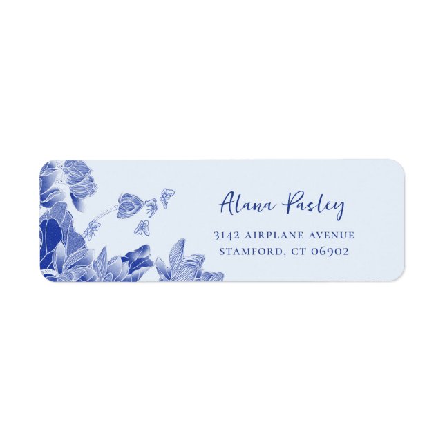 Blue Chinoiserie Floral Lotus Mandala Water lily Label (Front)
