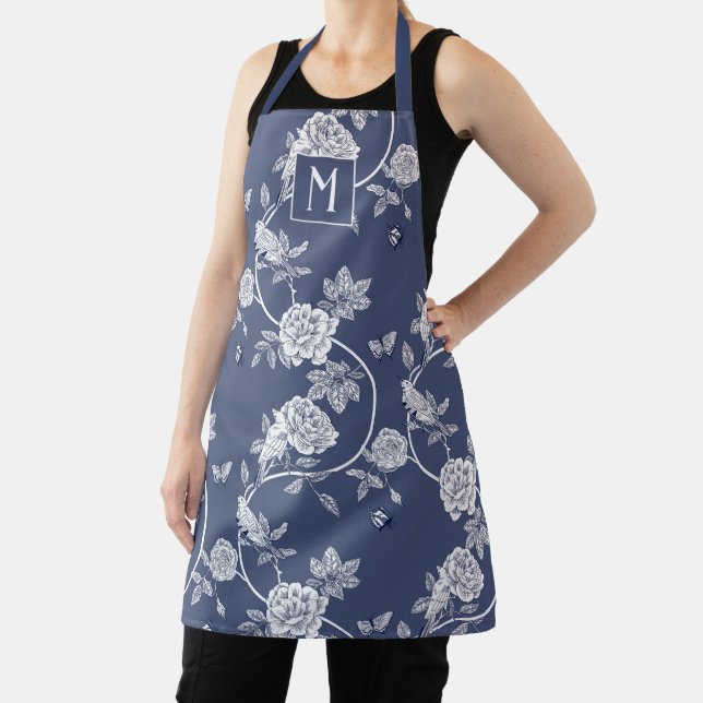 Blue Chinoiserie Floral Monogram Apron (Insitu)