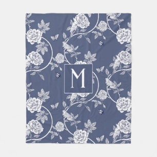 Blue Chinoiserie Floral Monogram Fleece Blanket