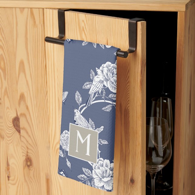 Blue Chinoiserie Floral Monogram Kitchen Towel (Thirds Fold)