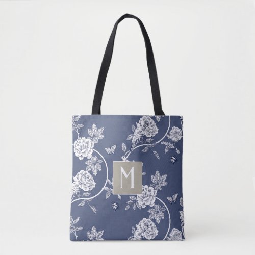 Blue Chinoiserie Floral Monogram Tote Bag
