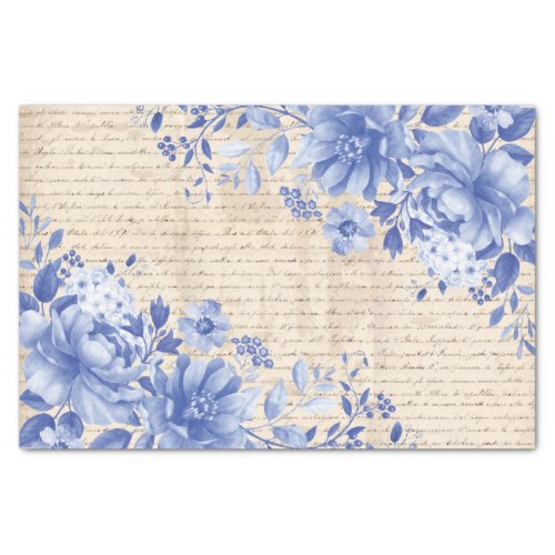 Blue Chinoiserie Floral Old Handwriting Decoupage Tissue Paper