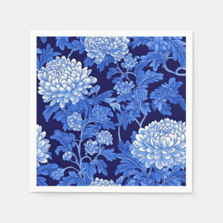 Blue Chinoiserie Floral on Black Background Napkins