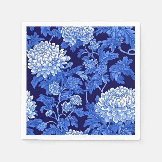 Blue Chinoiserie Floral on Black Background Napkins (Front)
