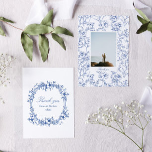 Blue Chinoiserie Floral Photo Wedding Thank You Card