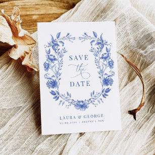 Blue Chinoiserie Floral Porcelain Save the Date Invitation
