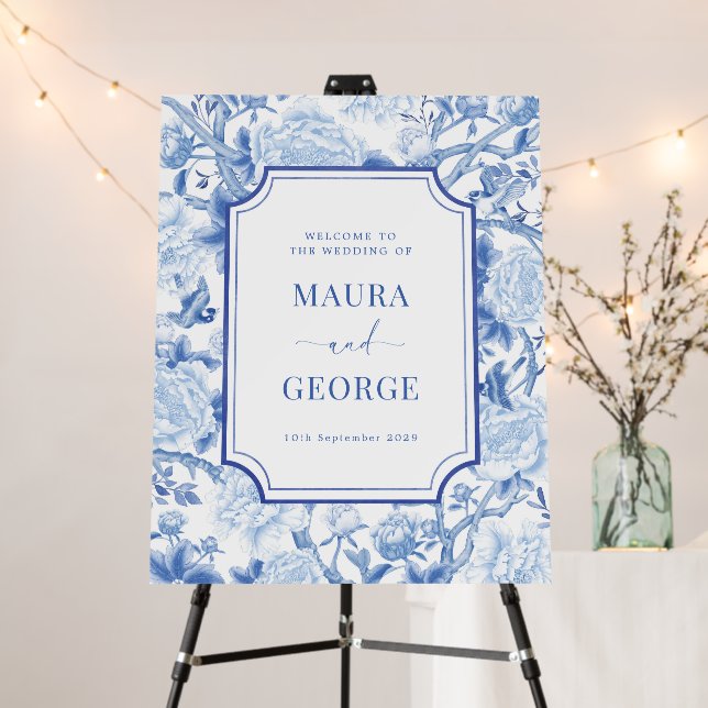 Blue Chinoiserie Floral Porcelain Wedding Welcome Foam Board (In Situ (Stand))