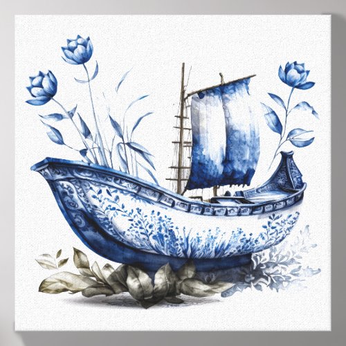 Blue Chinoiserie Floral Sailboat Canvas Photo Tile