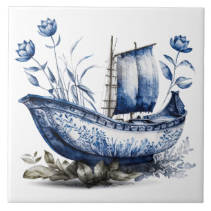 Blue Chinoiserie Floral Sailboat Ceramic Tile