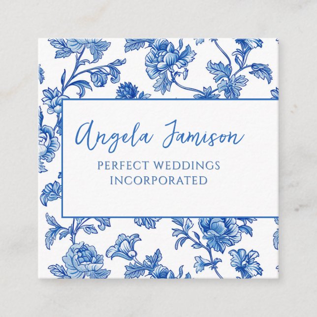 Blue Chinoiserie Floral  Square Business Card (Front)