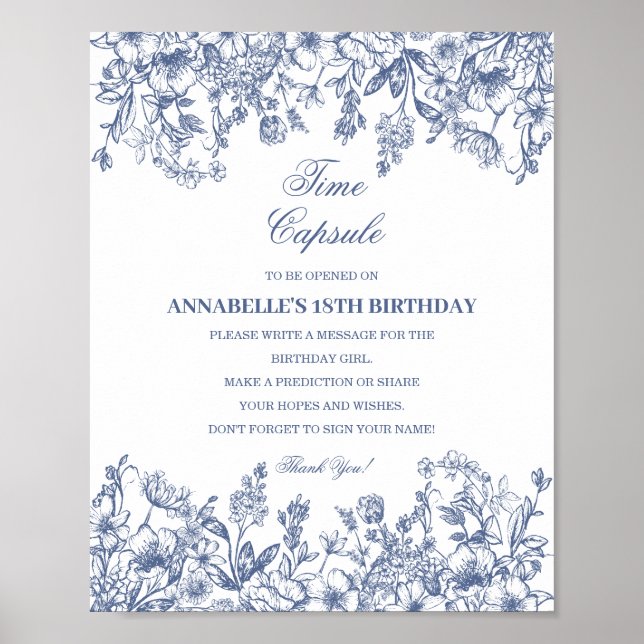 Blue Chinoiserie Floral Time Capsule Baby Birthday Poster (Front)