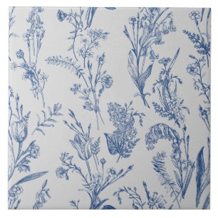 Blue Chinoiserie Floral Vintage Ceramic Tile