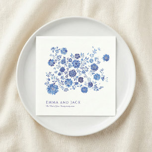 Blue Chinoiserie Floral Wedding names and date Napkins